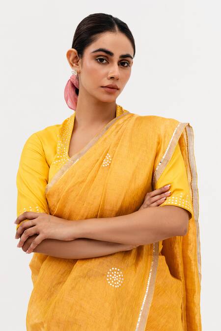 Shop_Naina Jain_Yellow Silk, Linen, Sukri Half Leheriya Saree With Unstitched Blouse Piece_Online_at_Aza_Fashions