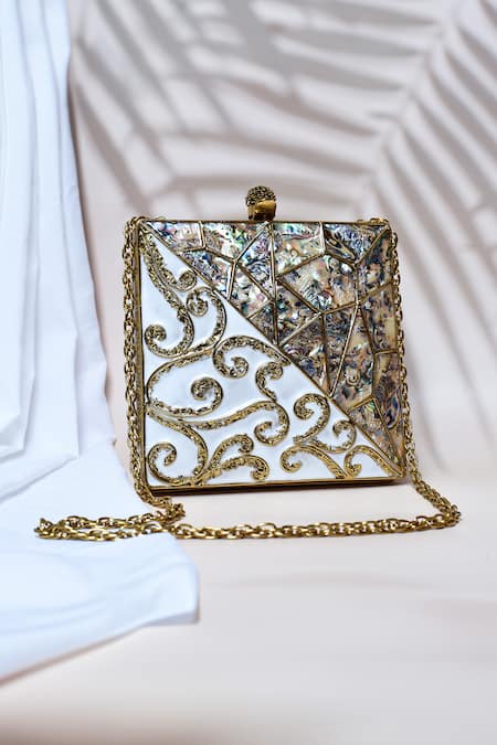 Shop_The Tan Clan_Gold Mother Of Pearl Lihaaz Embellished Clutch _at_Aza_Fashions