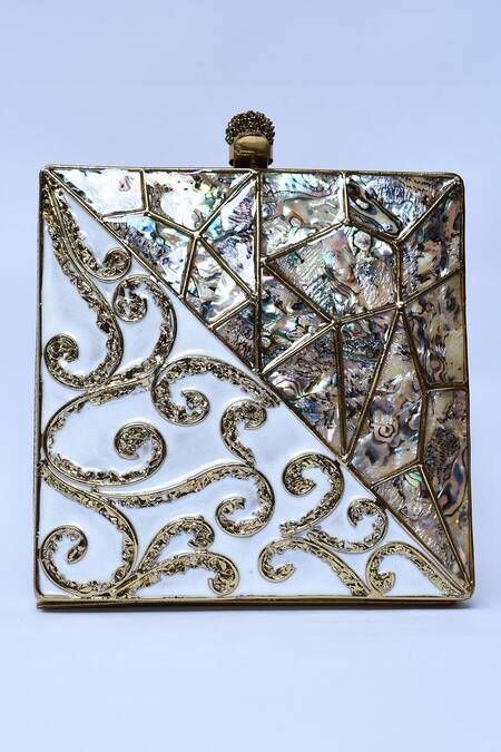 The Tan Clan_Gold Mother Of Pearl Lihaaz Embellished Clutch _Online_at_Aza_Fashions
