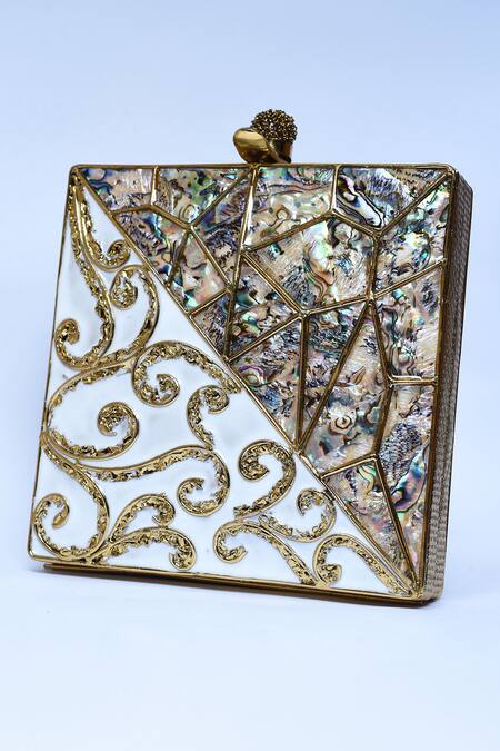 Buy_The Tan Clan_Gold Mother Of Pearl Lihaaz Embellished Clutch _Online_at_Aza_Fashions