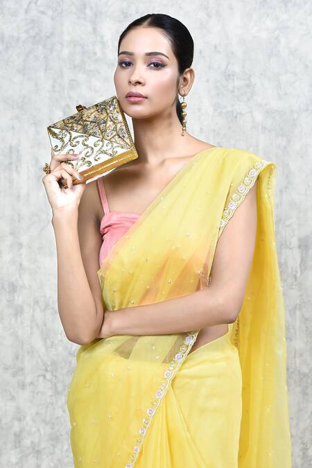 The Tan Clan_Gold Mother Of Pearl Lihaaz Embellished Clutch _at_Aza_Fashions