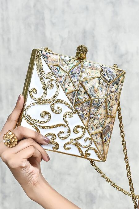 Buy The Tan Clan Gold Mother Of Pearl Lihaaz Embellished Clutch Buy_The Tan Clan_Gold Mother Of Pearl Lihaaz Embellished Clutch
