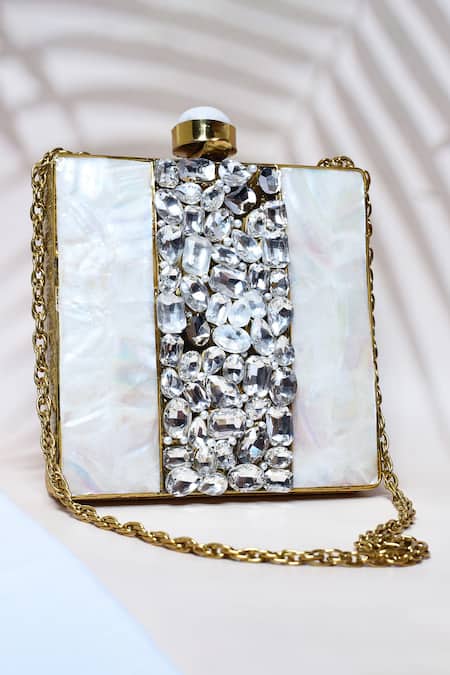 Shop_The Tan Clan_Gold Mother Of Pearl Liyana Embellished Square Clutch _at_Aza_Fashions