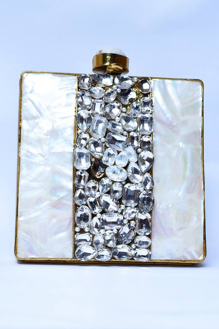 The Tan Clan_Gold Mother Of Pearl Liyana Embellished Square Clutch _Online_at_Aza_Fashions