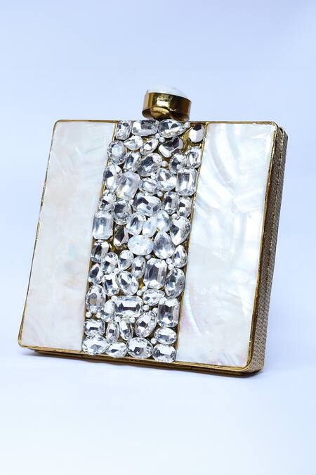 Buy_The Tan Clan_Gold Mother Of Pearl Liyana Embellished Square Clutch _Online_at_Aza_Fashions