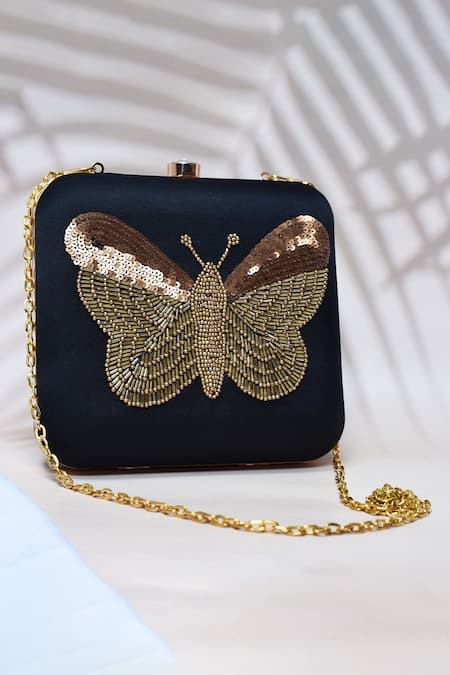 Shop_The Tan Clan_Black Sequin Nigah Hand Embroidered Butterfly Clutch _at_Aza_Fashions
