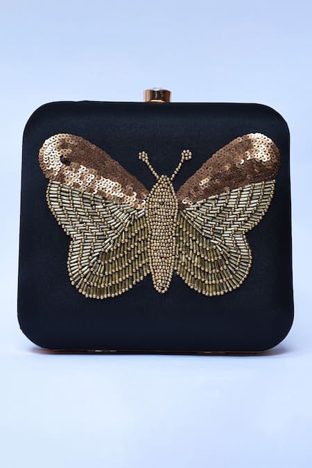 The Tan Clan_Black Sequin Nigah Hand Embroidered Butterfly Clutch _Online_at_Aza_Fashions
