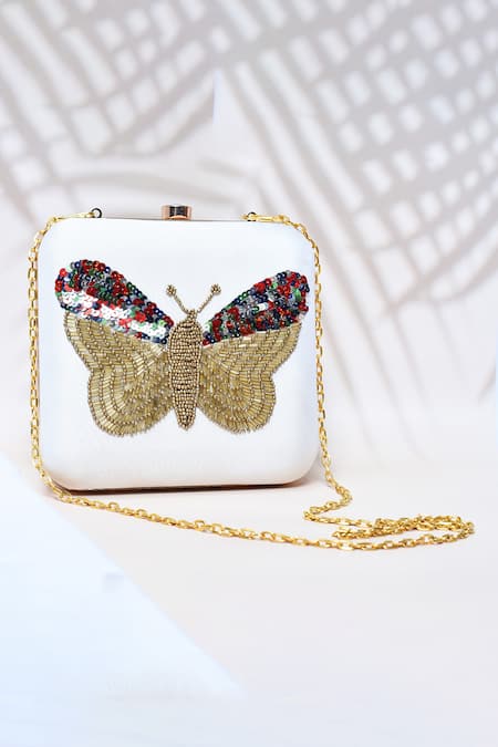 Shop_The Tan Clan_White Sequin Nigah Embroidered Butterfly Clutch _at_Aza_Fashions