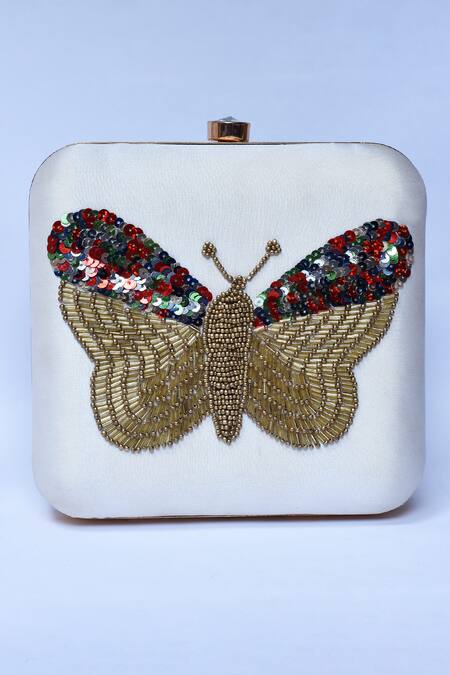 The Tan Clan_White Sequin Nigah Embroidered Butterfly Clutch _Online_at_Aza_Fashions