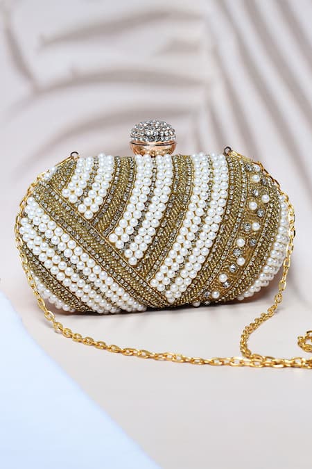 Shop_The Tan Clan_Gold Nalki Rabia Hand Embroidered Clutch _at_Aza_Fashions