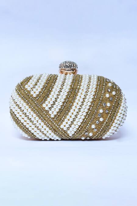 The Tan Clan_Gold Nalki Rabia Hand Embroidered Clutch _Online_at_Aza_Fashions