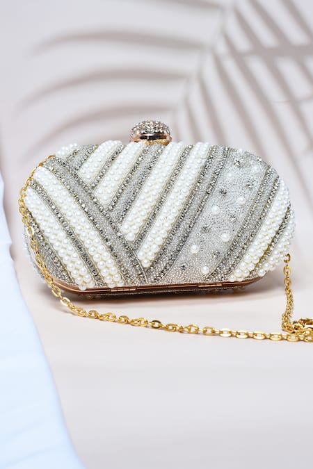 Shop_The Tan Clan_Silver Pearls, Beads Nalki Embroidered Clutch _at_Aza_Fashions
