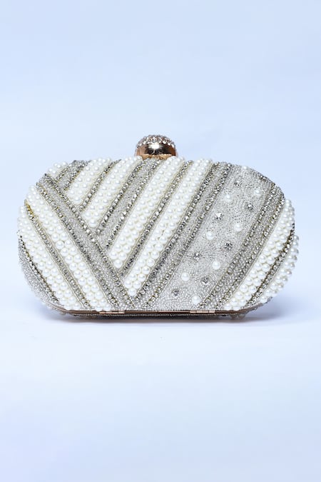 The Tan Clan_Silver Pearls, Beads Nalki Embroidered Clutch _Online_at_Aza_Fashions