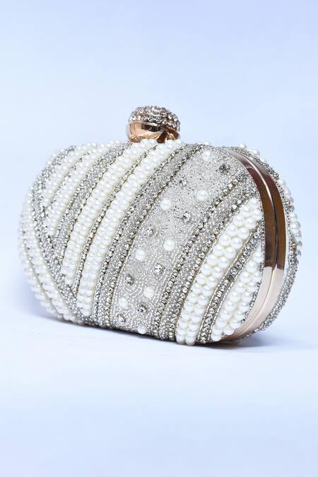 Buy_The Tan Clan_Silver Pearls, Beads Nalki Embroidered Clutch _Online_at_Aza_Fashions