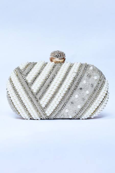 Shop_The Tan Clan_Silver Pearls, Beads Nalki Embroidered Clutch _Online_at_Aza_Fashions