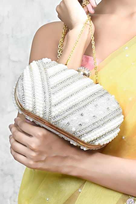 Buy The Tan Clan Silver Pearls, Beads Nalki Embroidered Clutch Buy_The Tan Clan_Silver Pearls, Beads Nalki Embroidered Clutch