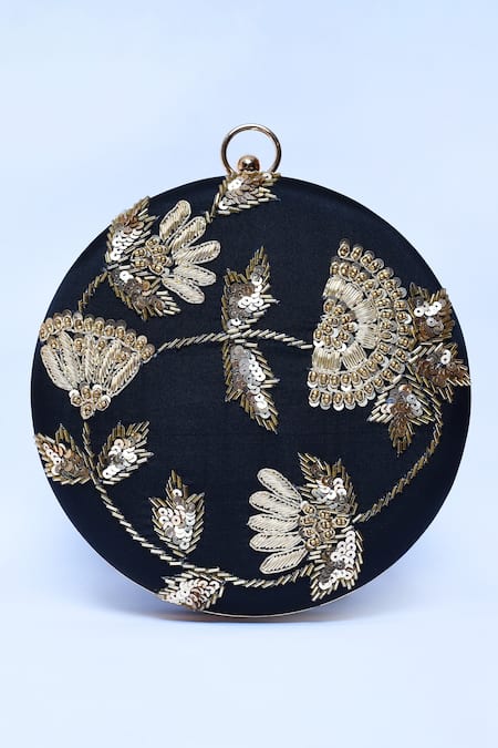The Tan Clan_Black Sequin Rashida Round Embroidered Clutch _Online_at_Aza_Fashions