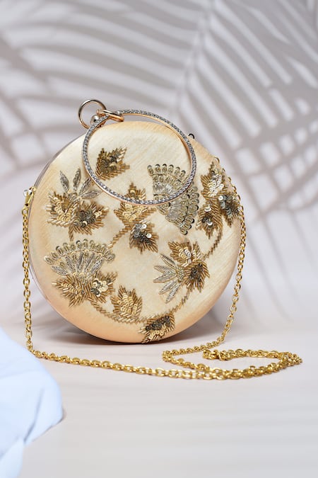 Shop_The Tan Clan_Gold Sequin Rashida Circular Embroidered Clutch _at_Aza_Fashions