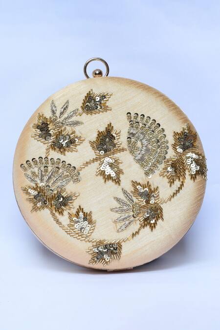 The Tan Clan_Gold Sequin Rashida Circular Embroidered Clutch _Online_at_Aza_Fashions