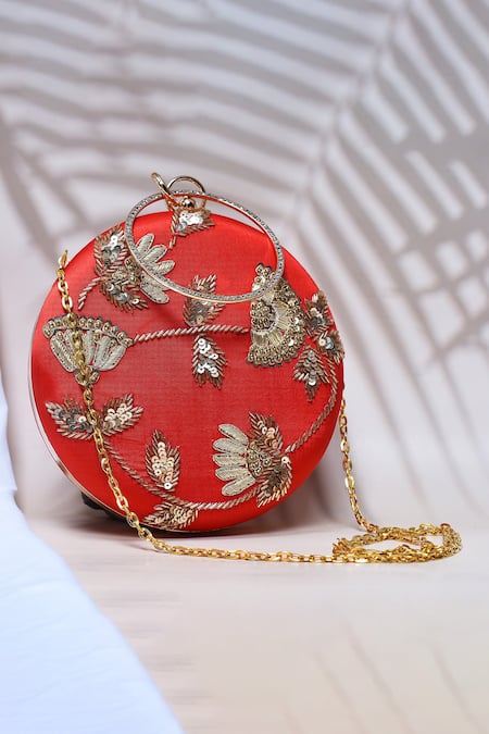 Shop_The Tan Clan_Red Sequin Rashida Circular Hand Embroidered Clutch _at_Aza_Fashions