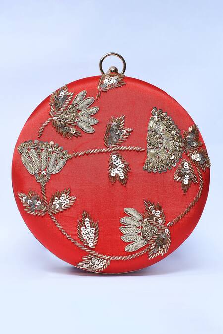 The Tan Clan_Red Sequin Rashida Circular Hand Embroidered Clutch _Online_at_Aza_Fashions