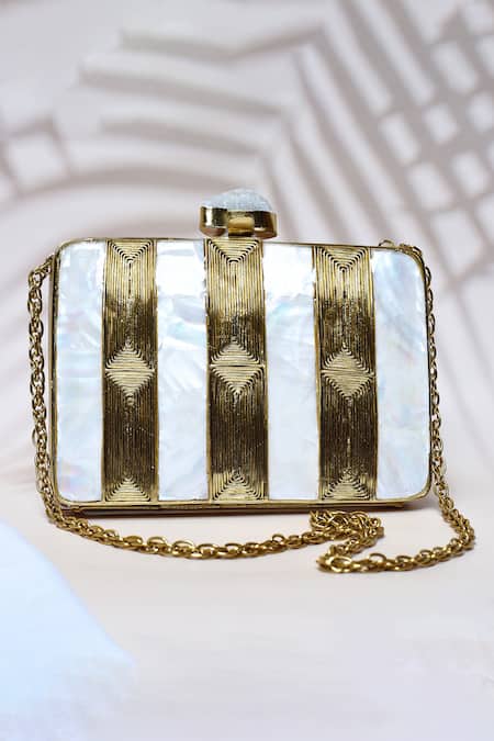 Shop_The Tan Clan_Gold Mother Of Pearl Riwayat Embellished Clutch _at_Aza_Fashions