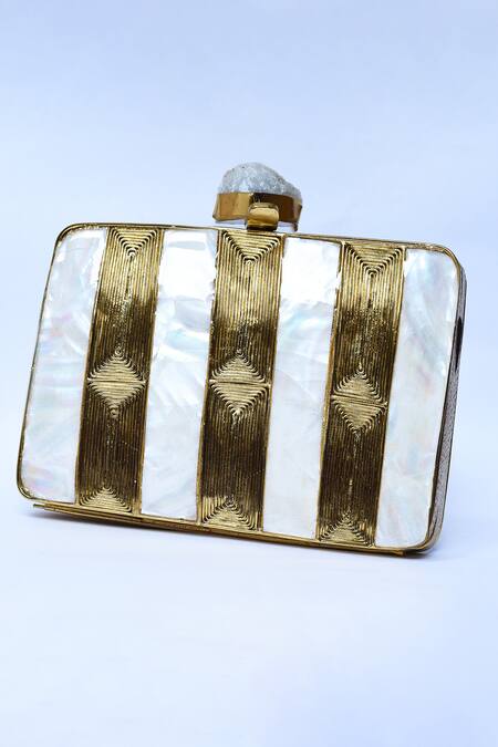 Buy_The Tan Clan_Gold Mother Of Pearl Riwayat Embellished Clutch _Online_at_Aza_Fashions