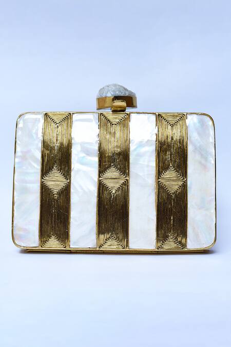 Shop_The Tan Clan_Gold Mother Of Pearl Riwayat Embellished Clutch _Online_at_Aza_Fashions