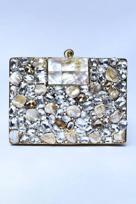 The Tan Clan_Gold Mother Of Pearl Saba Embellished Clutch _Online_at_Aza_Fashions