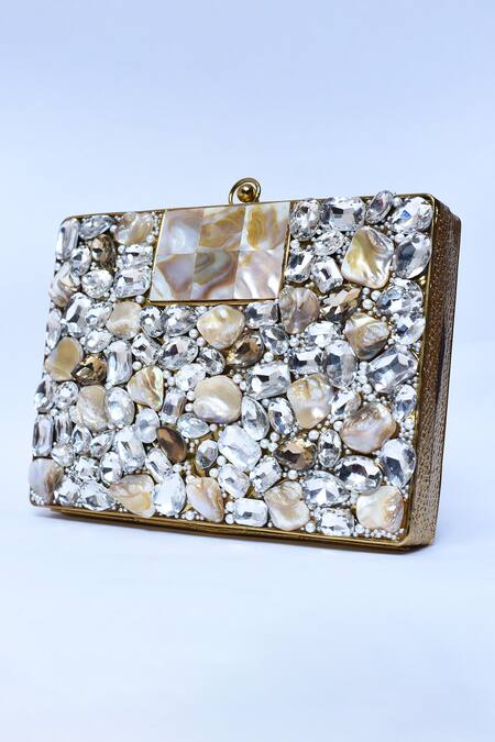 Shop_The Tan Clan_Gold Mother Of Pearl Saba Embellished Clutch _Online_at_Aza_Fashions