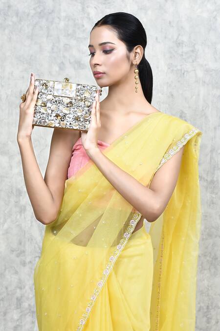 The Tan Clan_Gold Mother Of Pearl Saba Embellished Clutch _at_Aza_Fashions