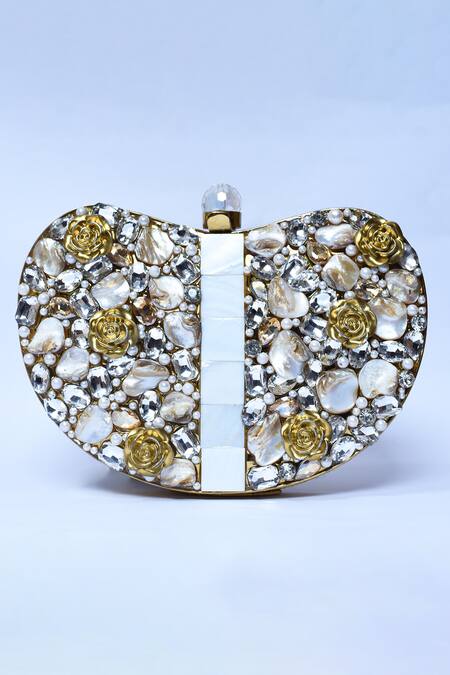 The Tan Clan_Gold Mother Of Pearl Seher Heart Shaped Embellished Clutch _Online_at_Aza_Fashions