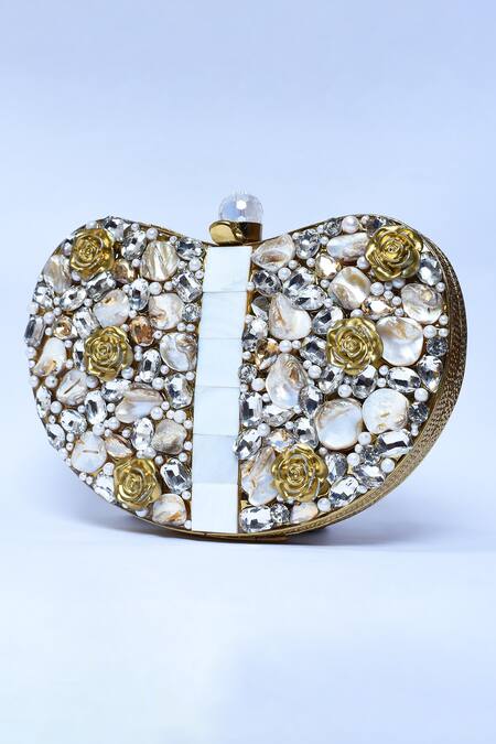 Buy_The Tan Clan_Gold Mother Of Pearl Seher Heart Shaped Embellished Clutch _Online_at_Aza_Fashions