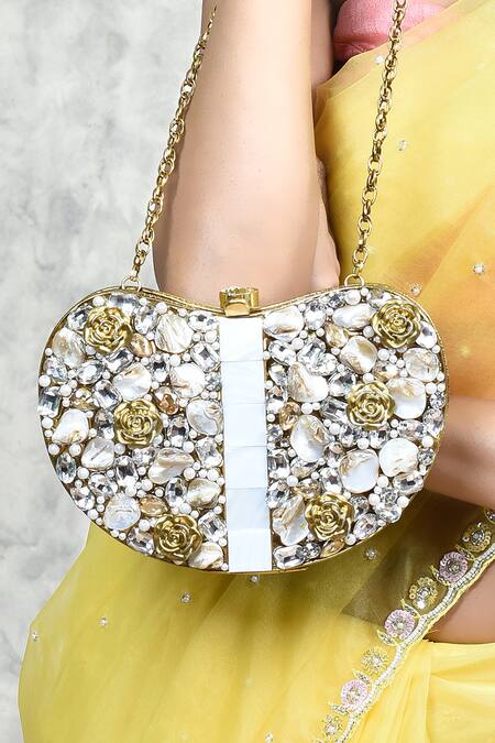 Buy The Tan Clan Gold Mother Of Pearl Seher Heart Shaped Embellished Clutch Buy_The Tan Clan_Gold Mother Of Pearl Seher Heart Shaped Embellished Clutch
