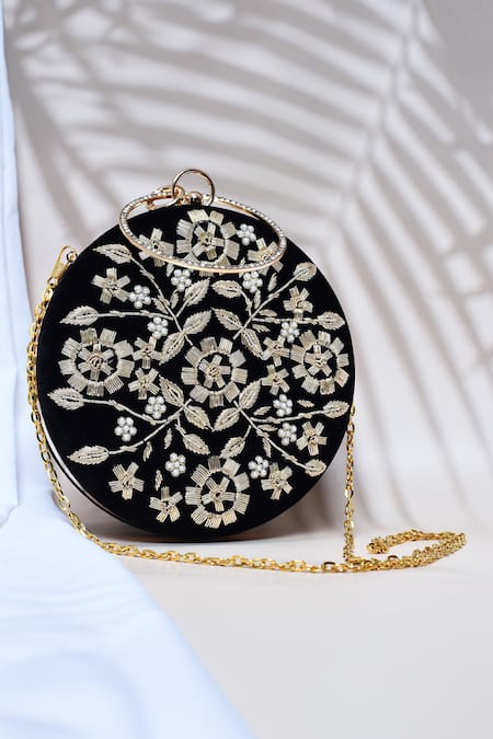 Shop_The Tan Clan_Black Zari, Embroidery Shalimar Velvet Floral Clutch _at_Aza_Fashions