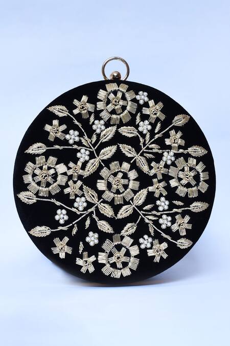 The Tan Clan_Black Zari, Embroidery Shalimar Velvet Floral Clutch _Online_at_Aza_Fashions