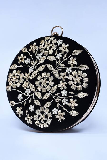 Buy_The Tan Clan_Black Zari, Embroidery Shalimar Velvet Floral Clutch _Online_at_Aza_Fashions