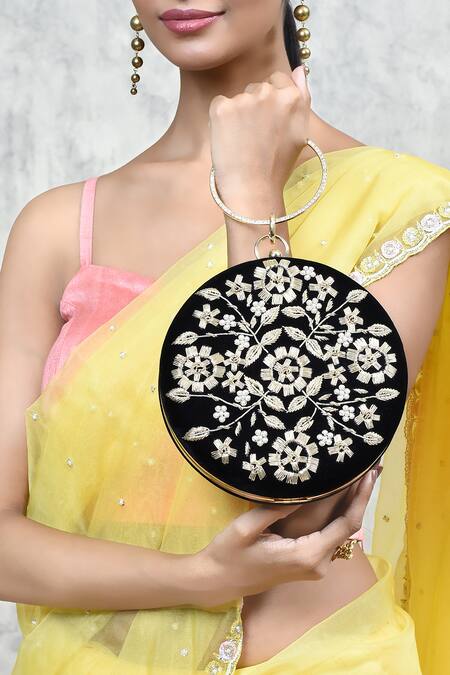The Tan Clan Black Zari, Embroidery Shalimar Velvet Floral Clutch at Aza Fashions The Tan Clan_Black Zari, Embroidery Shalimar Velvet Floral Clutch _at_Aza_Fashions