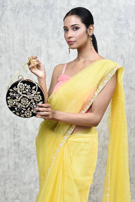 Buy_The Tan Clan_Black Zari, Embroidery Shalimar Velvet Floral Clutch 