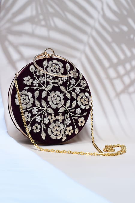 Shop_The Tan Clan_Maroon Zari, Pearls Shalimar Velvet Zardosi Embroidered Clutch _at_Aza_Fashions
