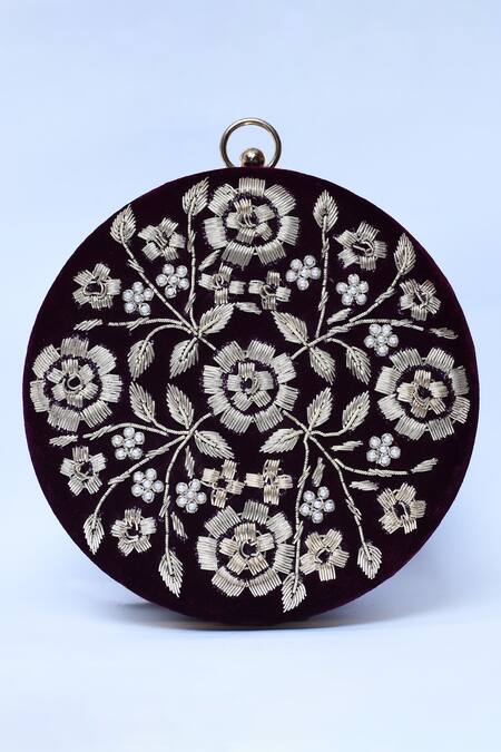 The Tan Clan_Maroon Zari, Pearls Shalimar Velvet Zardosi Embroidered Clutch _Online_at_Aza_Fashions