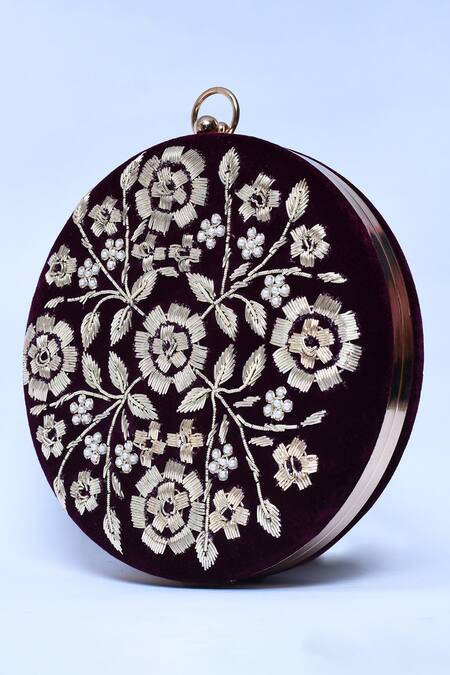 Buy_The Tan Clan_Maroon Zari, Pearls Shalimar Velvet Zardosi Embroidered Clutch _Online_at_Aza_Fashions