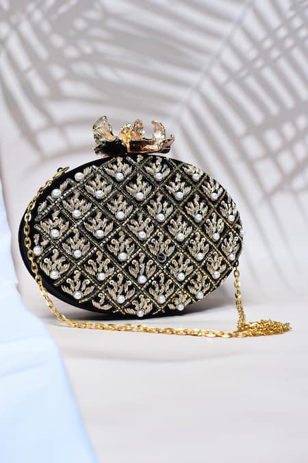 Shop_The Tan Clan_Black Zardosi Zafraan Embroidered Clutch _at_Aza_Fashions