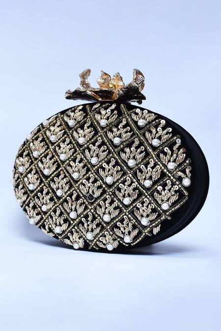 Buy_The Tan Clan_Black Zardosi Zafraan Embroidered Clutch _Online_at_Aza_Fashions