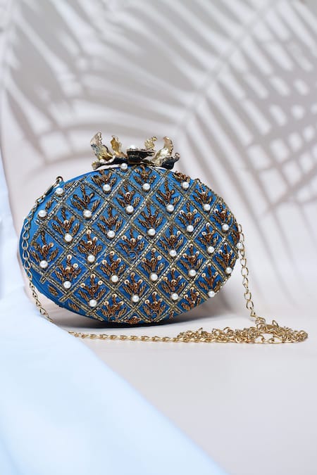 Shop_The Tan Clan_Blue Zardosi Embroidered Clutch _at_Aza_Fashions