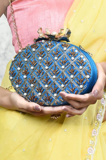 Buy The Tan Clan Blue Zardosi Embroidered Clutch Buy_The Tan Clan_Blue Zardosi Embroidered Clutch