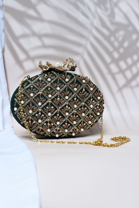 Shop_The Tan Clan_Green Zardosi Zafraan Embroidered Clutch _at_Aza_Fashions