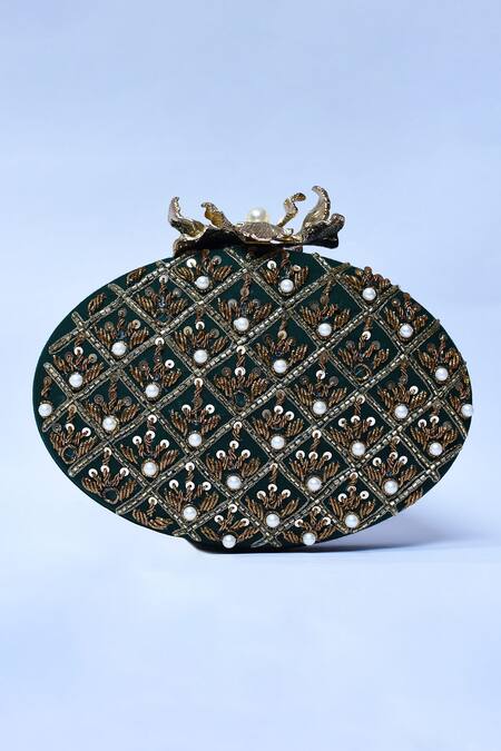 The Tan Clan_Green Zardosi Zafraan Embroidered Clutch _Online_at_Aza_Fashions
