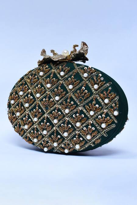 Buy_The Tan Clan_Green Zardosi Zafraan Embroidered Clutch _Online_at_Aza_Fashions