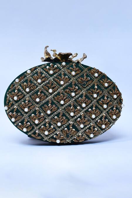 Shop_The Tan Clan_Green Zardosi Zafraan Embroidered Clutch _Online_at_Aza_Fashions